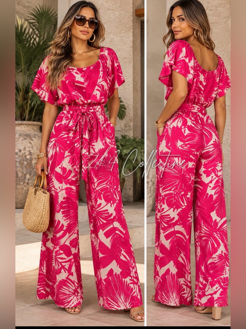Trina Turk Pink Botanical Leaf Print Wide Leg Jumpsuit Size 4 NWT